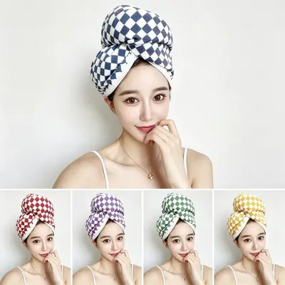 Checkered Absorbent Quick-Dry Women's Hair Cap, Thickened Hair Towel Wrap