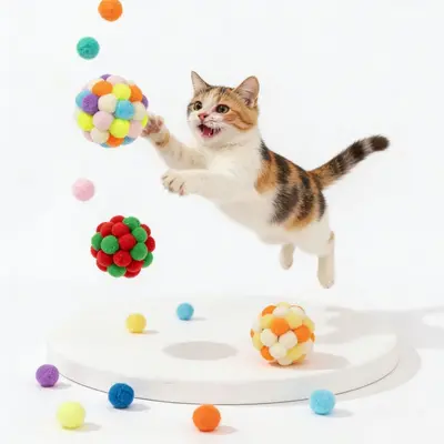 Colorful Fur Ball Cat Toy, Silicone Interactive Chase Ball - 3