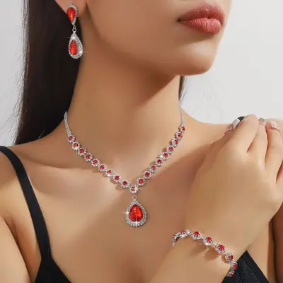 Moda mücevher seti, gelin kolye, küpe ve bilezik, su damlası tasarımı - 13