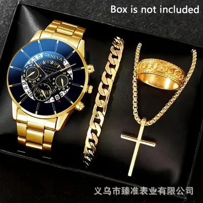Men's watch set, black gold steel band with cross pendant - 13