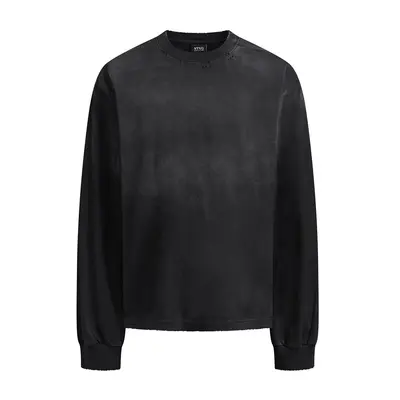 Semi-Spray-Dyed Distressed Long-Sleeve T-Shirt for Men, Spring/Autumn Loose Casual Style, Frayed Edges and Ripped Details, 300g Heavyweight 100% Cotton Top, Trendy