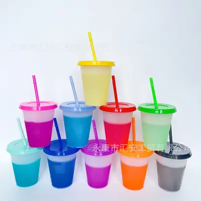 16OZ (475 ml) sıcaklıkla renk değiştiren PP plastik pipetli bardak seti, 10 adet