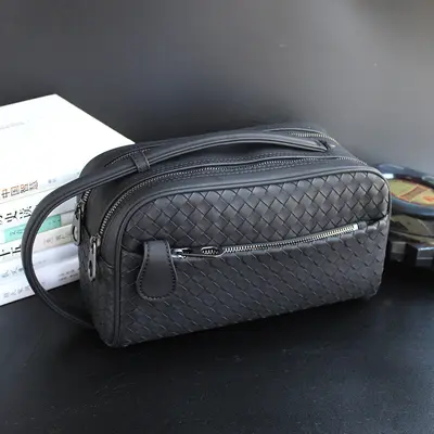 Men's Clutch Bag, Waxed Napa Leather, Woven Pattern, Double Zipper - 7