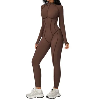 Cross-border Vertical Stripe Stand Collar Jumpsuit with Half Zipper, One-Piece Fitness Wear for Women, High-Intensity Sports Yoga Suit