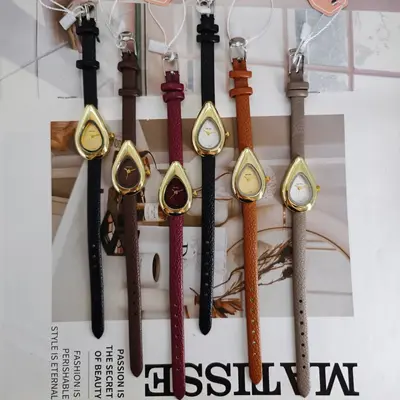 Su damlası tasarımlı kadın saati, deri kordon, kuvars - 4