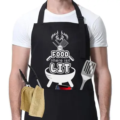Black Men's Barbecue Chef Apron with Pockets, Adjustable, Waterproof - 12