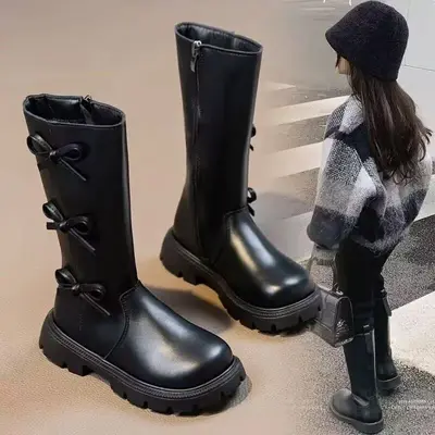 Mädchen-Lederstiefel, lang, Herbst/Winter 2026, mit Schleife