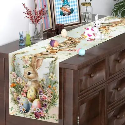 Easter Linen Table Runner with Rabbit Print