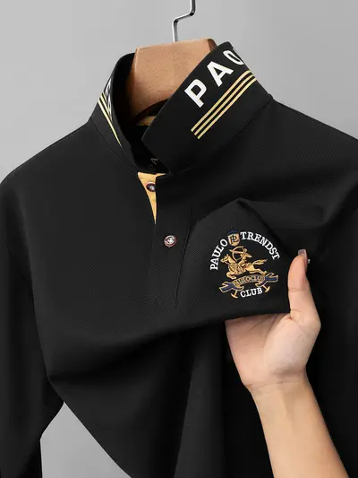 Men's 100% Mercerized Cotton Polo Shirt, Embroidered Small Horse Logo, Long-Sleeve - 3