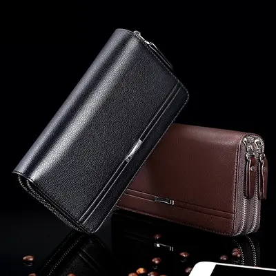 Men's Clutch Bag, Multi-Card Slots, Double Zipper, Long Wallet Style - 3