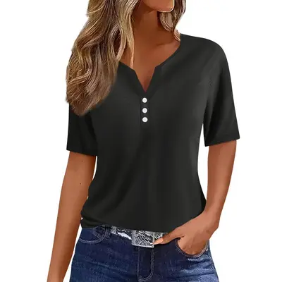 Women's V-Neck Three-Button 3D Print Short-Sleeve T-Shirt