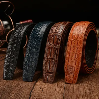 Crocodile patterned men's belt made from high quality leather, automatic buckle, headerless, wholesale.