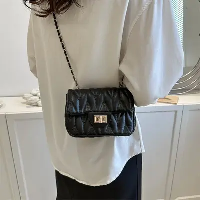 Women's Small Square Bag with Chain Clasp, Diamond-Quilted Stitching - 5