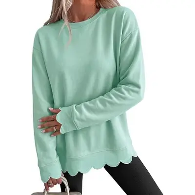 Women's Solid Color Round Neck Long Sleeve Fan-Cut Sweatshirt - 5
