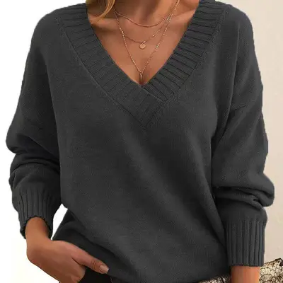 Damen-Strickpullover mit V-Ausschnitt, locker geschnitten - 12