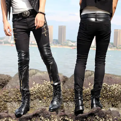 Erkek slim fit yarı deri PU pantolon, siyah, fermuarlı dar paça uzun pantolon
