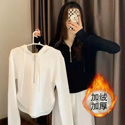 Women's Velvet Thickened Hooded Zip Sweater, Long Sleeve, Autumn Winter