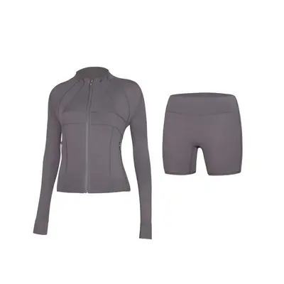Women's yoga outfit set elastic top full zip long sleeve - 8