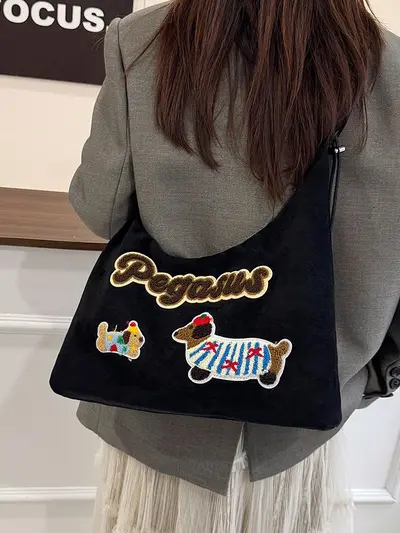 Suede Dachshund Appliqué Retro Preppy Single-Shoulder Bag for Women - 5
