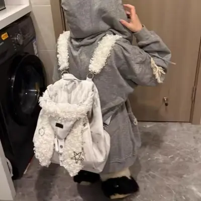 Women's backpack, large capacity, bunny ear hat design, plush, lightweight - 5