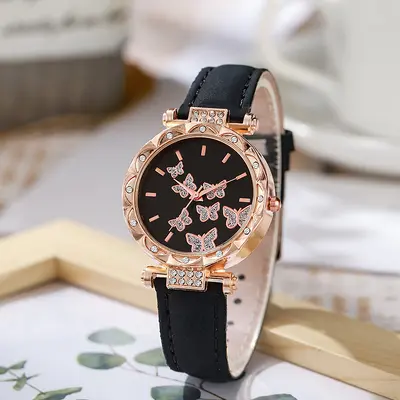 Neue TikTok Damenuhr Mode Persönlichkeit Einfache Armbanduhr Schmetterling Digital Ledergurt Uhr