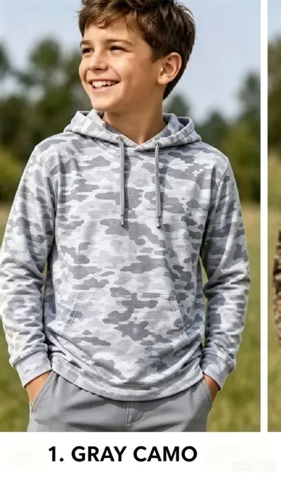 Çocuk kapüşonlu sweatshirt, kamuflaj desenli, çok renkli dış giyim üstü - 11