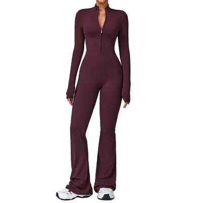 Zipper Long-Sleeve Yoga Jumpsuit, High-Intensity Fitness One-Piece Fitted Bodysuit