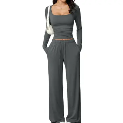 Women's Square-Neck Long-Sleeve Top and Pants Casual Set - 12