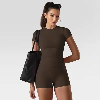 Solid Color Brushed Crew Neck Quick-Dry Yoga Set - 8