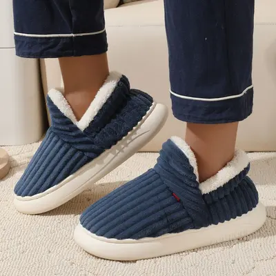 Men's Corduroy Cotton Indoor Shoes, Thick Sole, Fleece-Lined, Full-Wrap