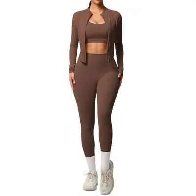 Women's Three-Piece Solid Color Yoga Running Sports Set, Double-Sided Brushed - 6