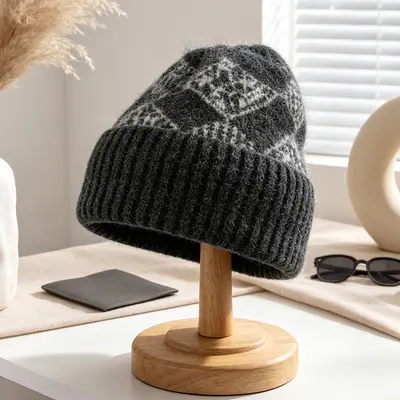 Korean-Style Diamond Jacquard Winter Knit Hat with Ear Protection - 12