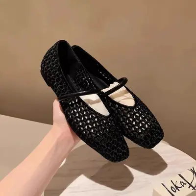 Retro Woven Roman Square Toe Women's Flat Shoes, Single Strap, Cut-Out Design