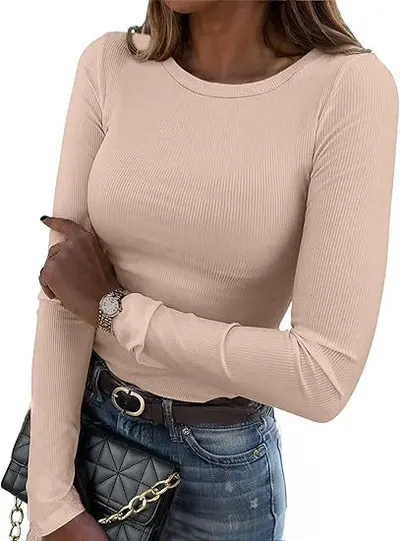 Women's Long Sleeve Slim Ribbed Basic T-Shirt, Round Neck, Elastic