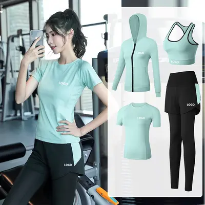 一手货源女士专业高端弹力速干运动健身套装女吸汗透气瑜伽服四件