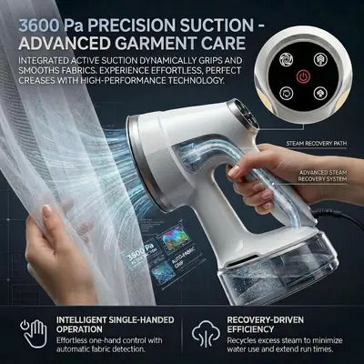 Handheld garment steamer, large tank, suction type