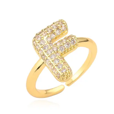 Copper-Plated 18K Gold Zircon Letter Ring for Women - 11