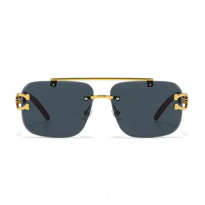 Frameless Square Sunglasses, Leopard Print, Wood-Grain Temples, UV Protection - 4