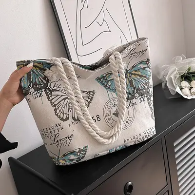 Creative Printed Large Shoulder Bag New Comfortable Fashion Canvas Women's Bag Korean Style Single Shoulder Cross Thick Rope Beach Bag