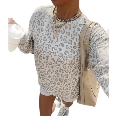 Women's Leopard Print Round Neck Loose Sweatshirt, Autumn Winter
