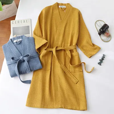 Pure Cotton Waffle Bathrobe, Long, Thin, Spring and Summer