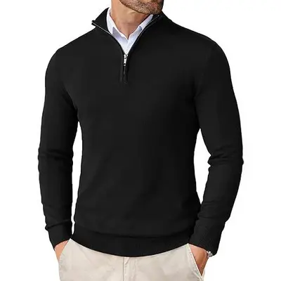 Erkek yarım fermuarlı örgü kazak, slim fit, ince astarlık