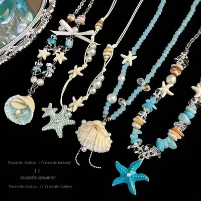 Pearl and shell bead necklace, beach vacation style - 3
