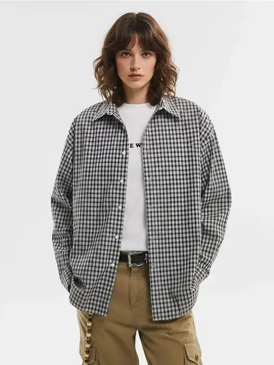 Unisex ekose gömlek, %100 pamuk, bol kesim, düşük omuzlu, uzun kollu