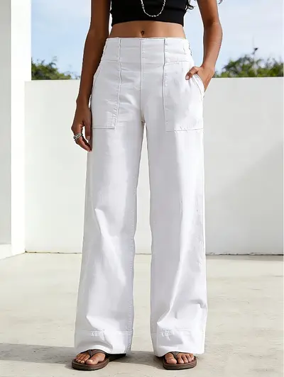 Damen-Sommerhose aus Baumwoll-Leinen, weites Bein, elastischer Bund, einfarbig - 8