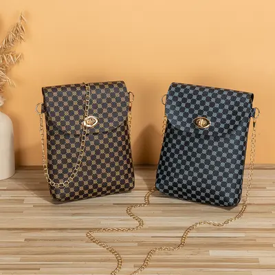 Women's Printed Single Shoulder Bag, Lock Buckle, Plaid Pattern - 3