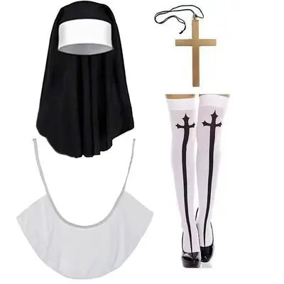 Halloween Nun Costume, Cross Print, Black and White Uniform