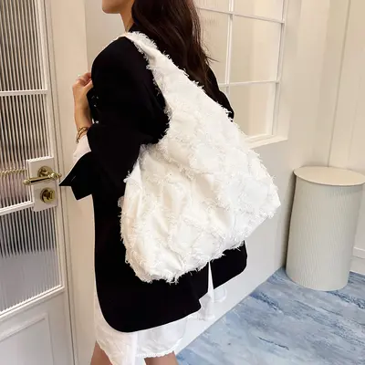 Batik Bej Rengi Püskül Kanvas Çanta Öğrenci Dersi Kadın Çantası Yelekli Çanta Büyük Kapasiteli Sanat Batik İşlemi