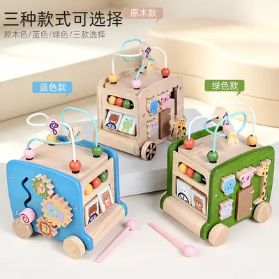 Wooden Six-sided Busy Box Montessori Bus Car Educational Toy