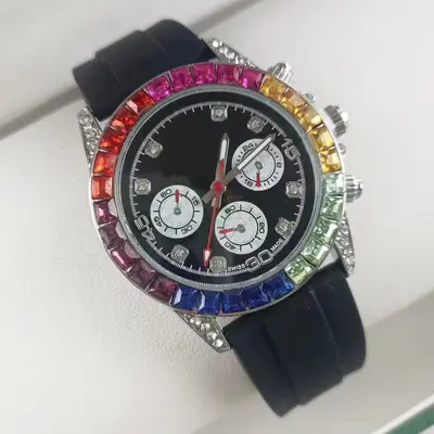 Rainbow men's quartz watch, steel band, diamond bezel - 12